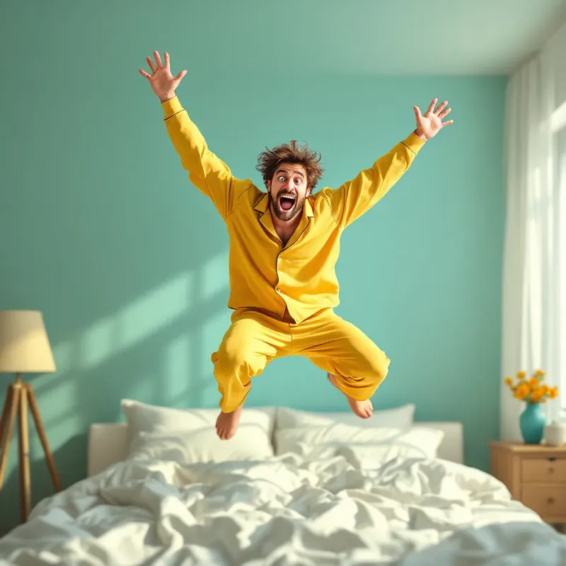 un hombre motivado da un salto de la cama