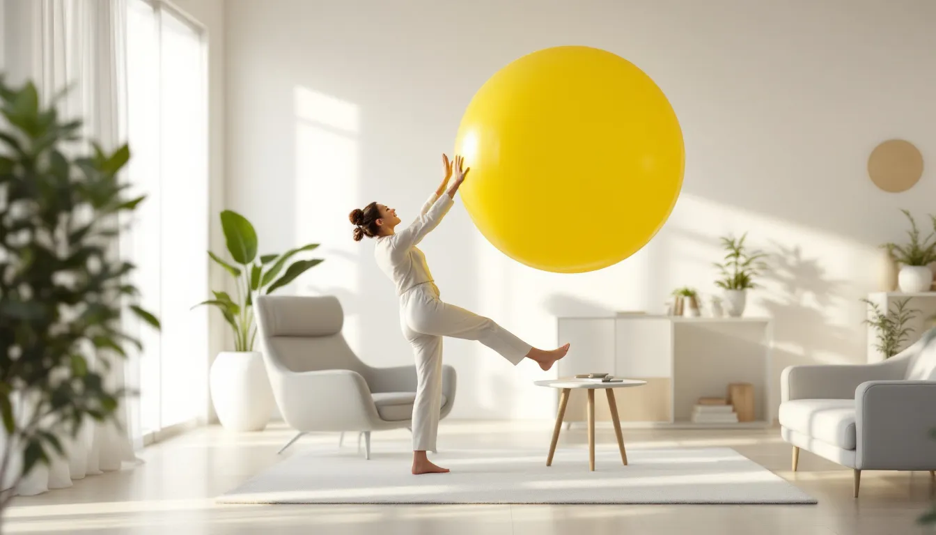 mujer perfeccionista se relaja con una bola anti-estrés gigante
