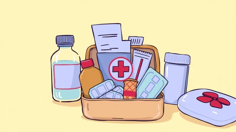 Botiquín de primeros auxilios con tiritas y artículos médicos básicos.