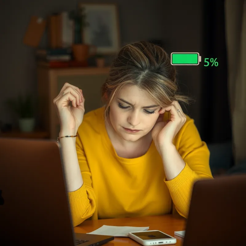 Una mujer cansada mientras trabaja, con un icono indicando que le queda poca energía disponible, representando la necesidad de recargar la batería del cuerpo.