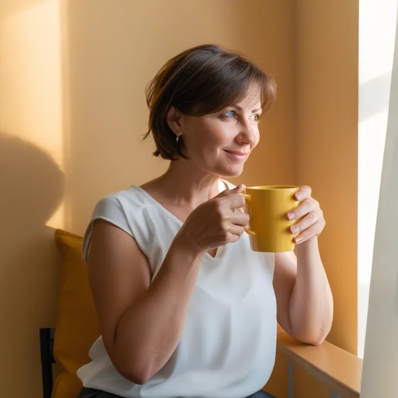 Mujer que se siente feliz en un momento tranquilo.