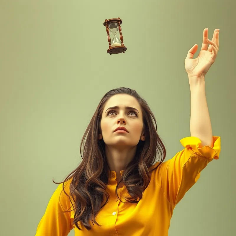Una mujer intenta alcanzar un reloj, que huye por encima de su cabeza. Refleja la idea de que no encuentra tiempo.