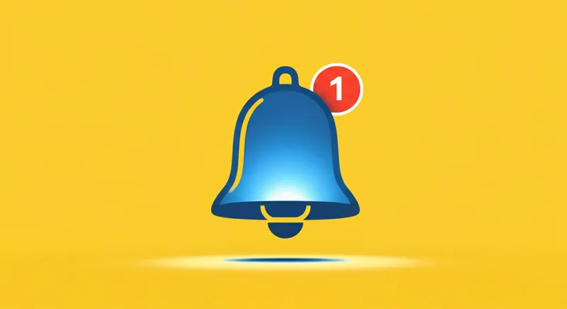 Campanita de notificación con alerta sobre fondo amarillo.