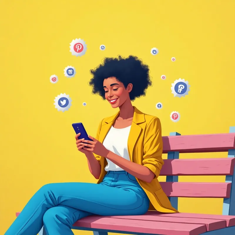 Mujer sentada en un banco usando el móvil con expresión serena, rodeada de iconos de redes sociales sobre fondo amarillo. Representa un uso equilibrado de las redes sociales.