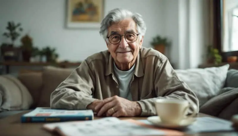 Una persona mayor está frente a una mesa con un libro y otros objetos para disfrutar de su hobby.