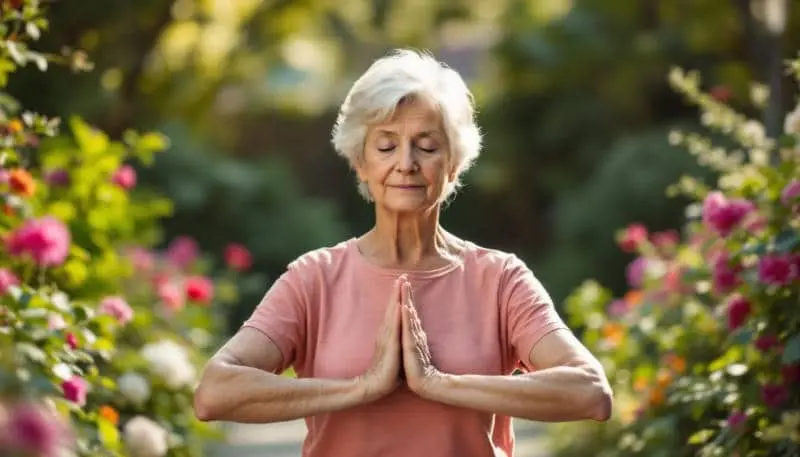 Una mujer mayor practica la meditación y con ello fortalece su sistema inmunitario.