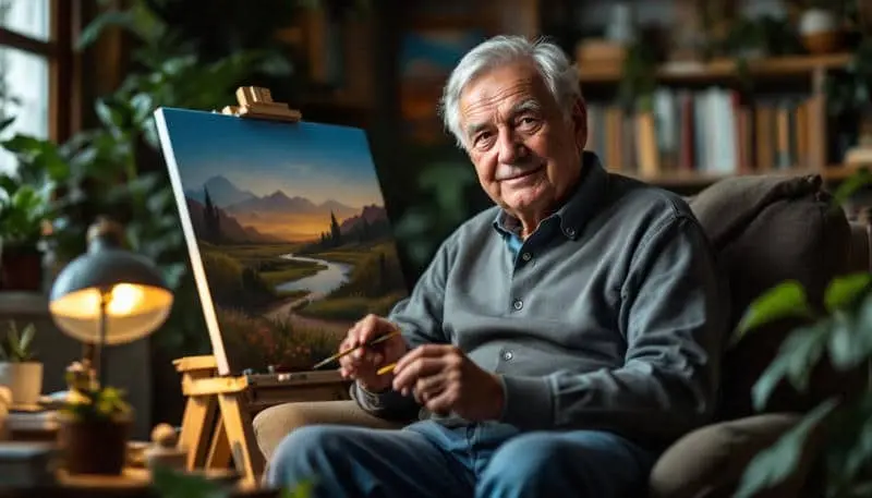 Un señor mayor está pintando un cuadro, ya que uno de sus hobbies es la pintura.