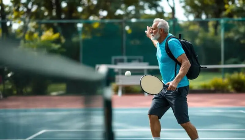 Un deportista senior está listo en la pista para su partido de paddle.