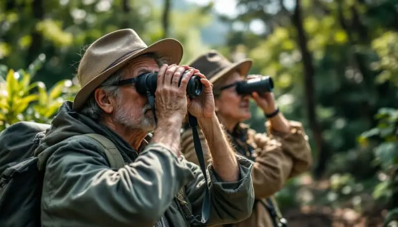 Una pareja de personas mayores observa pájaros en la naturaleza.