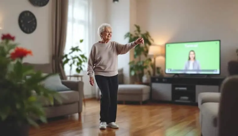 Una señora mayor baila en casa siguiendo un tutorial.