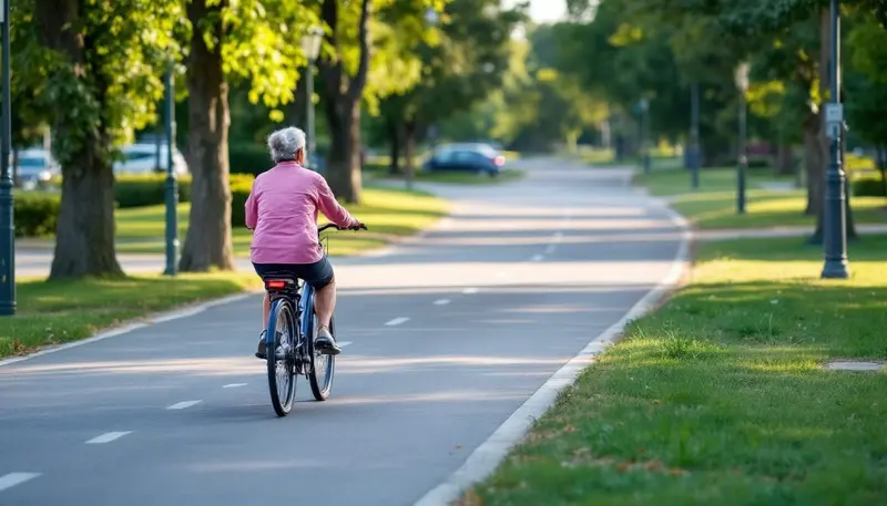 Una señora mayor pasea en bicicleta por un parque urbano.
