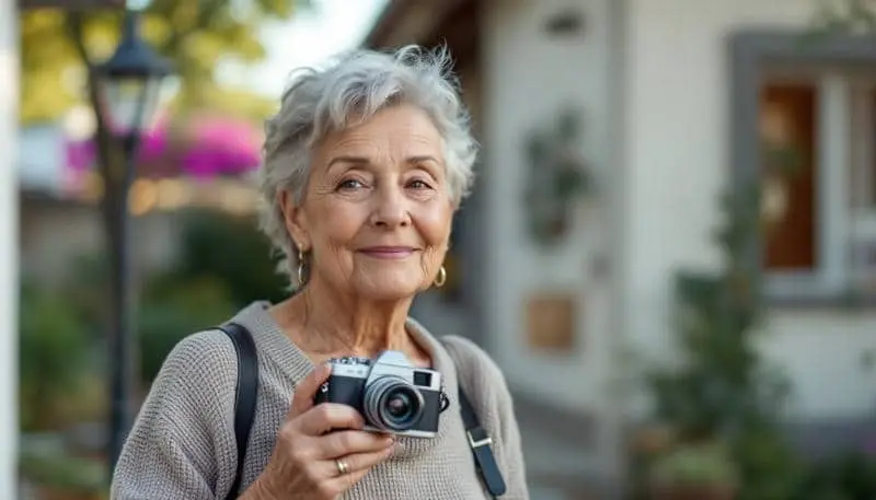 Una mujer mayor se aficiona a la fotografía y sale a la calle a practicar su hobby.