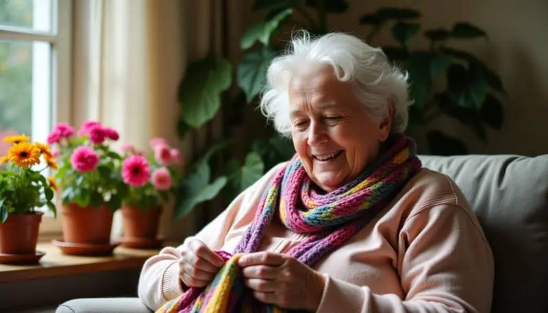Una mujer mayor hace manualidades en casa y disfruta de sus hobbies.