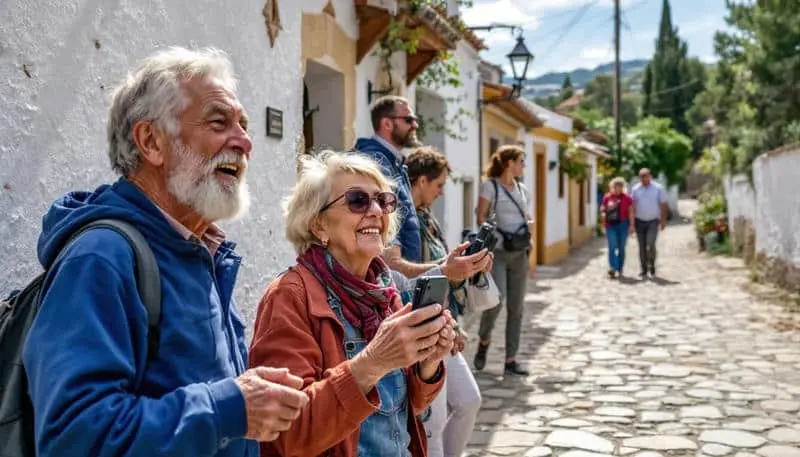 Unos excursionistas mayores disfrutan del viaje y hacen fotos.