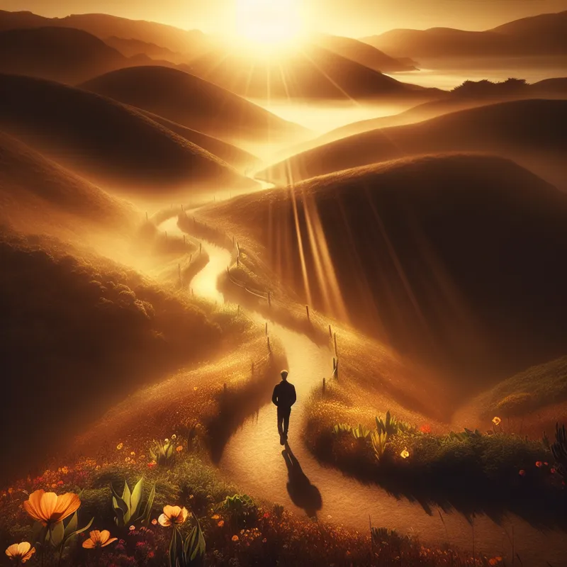 Persona caminando sola por un sendero dorado al amanecer, símbolo del camino interior.
